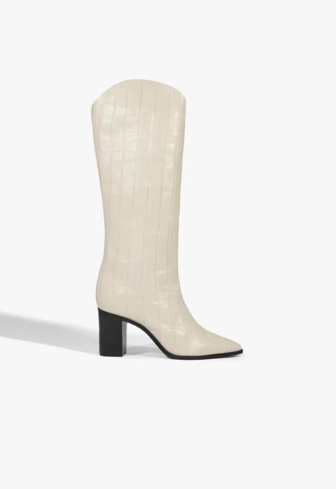 Schutz Shoes Maryana Boots Women Maryana Block CrocodileEmbossed Leather Boot Eggshell