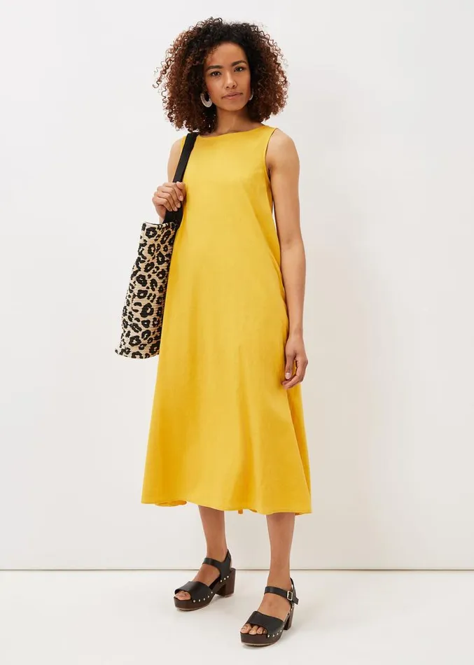 Sheila Linen Trapeze Open Back Dress Ochre Women Phase Eight Dresses