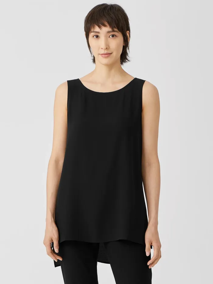 Silk Georgette Crepe Bateau Neck Tank Black Women Eileen Fisher Petite