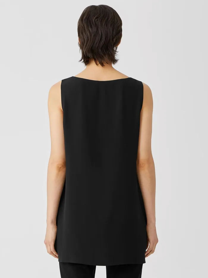 Silk Georgette Crepe Bateau Neck Tank Black Women Eileen Fisher Petite