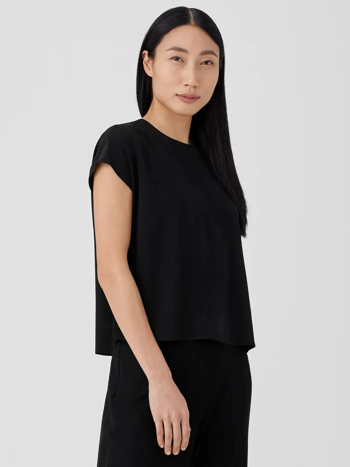 Silk Georgette Crepe Square Top Black Women Eileen Fisher Tops and Tees
