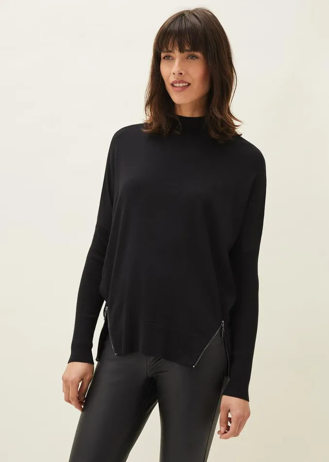 Skylar Roll Neck Zip Hem Jumper Black Women Phase Eight Knitwear