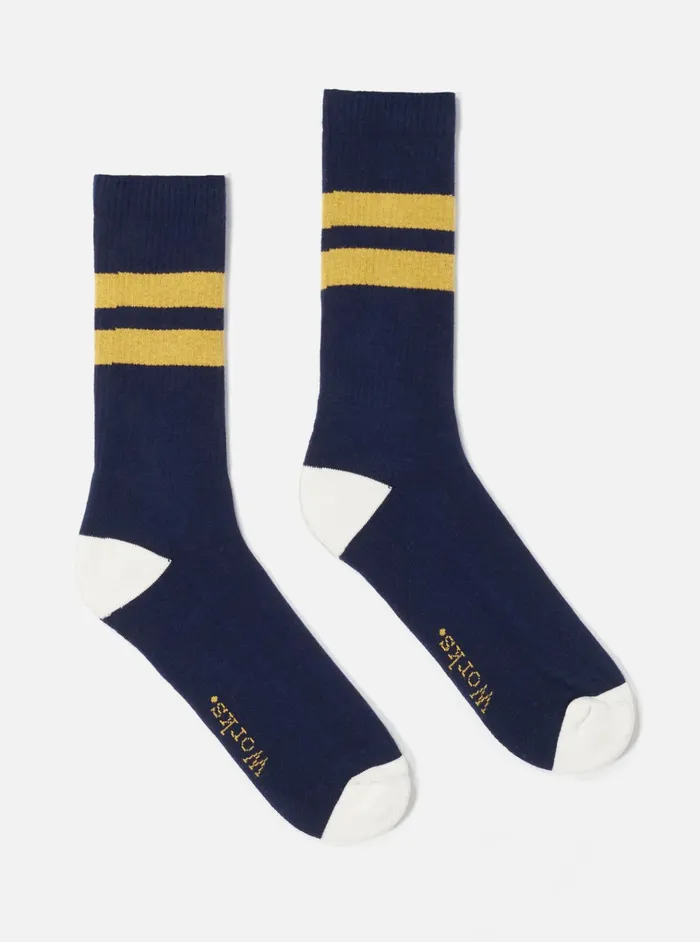 Socks Men Universal Works Universal Works Sport Sock In NavyYellow Cotton Rib