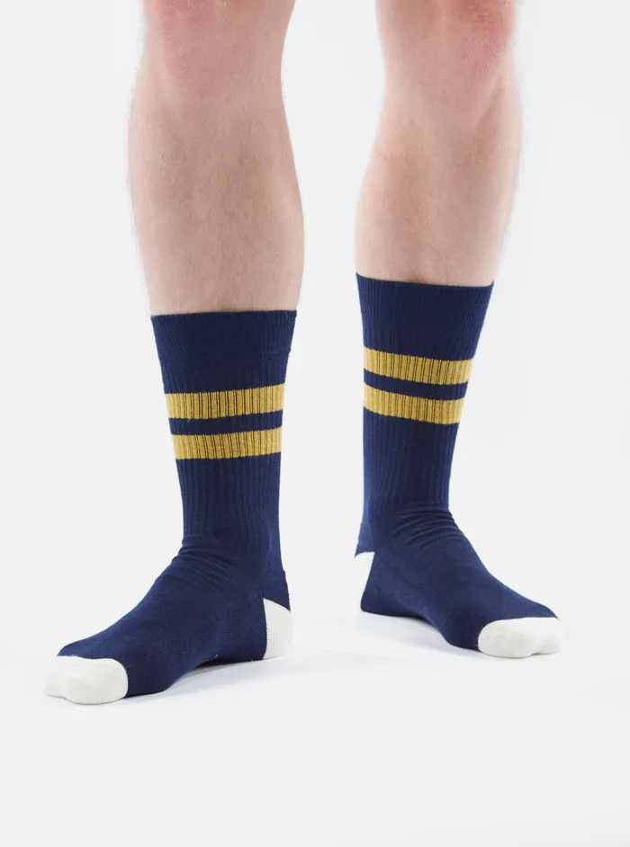 Socks Men Universal Works Universal Works Sport Sock In NavyYellow Cotton Rib Socks Men Universal Works Universal Works Sport Sock In NavyYellow Cotton Rib