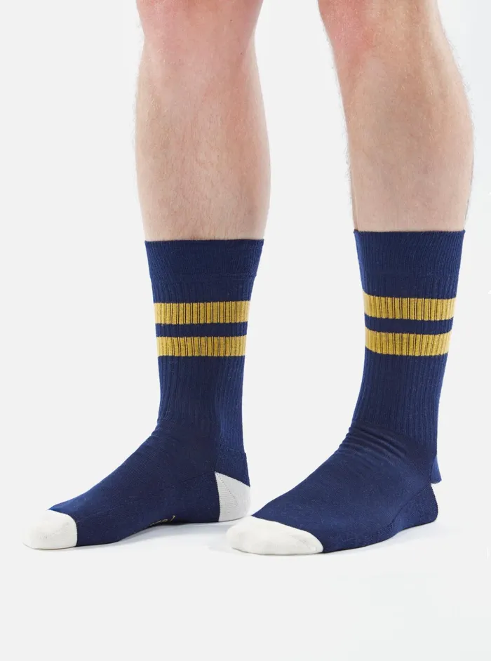 Socks Men Universal Works Universal Works Sport Sock In NavyYellow Cotton Rib Socks Men Universal Works Universal Works Sport Sock In NavyYellow Cotton Rib