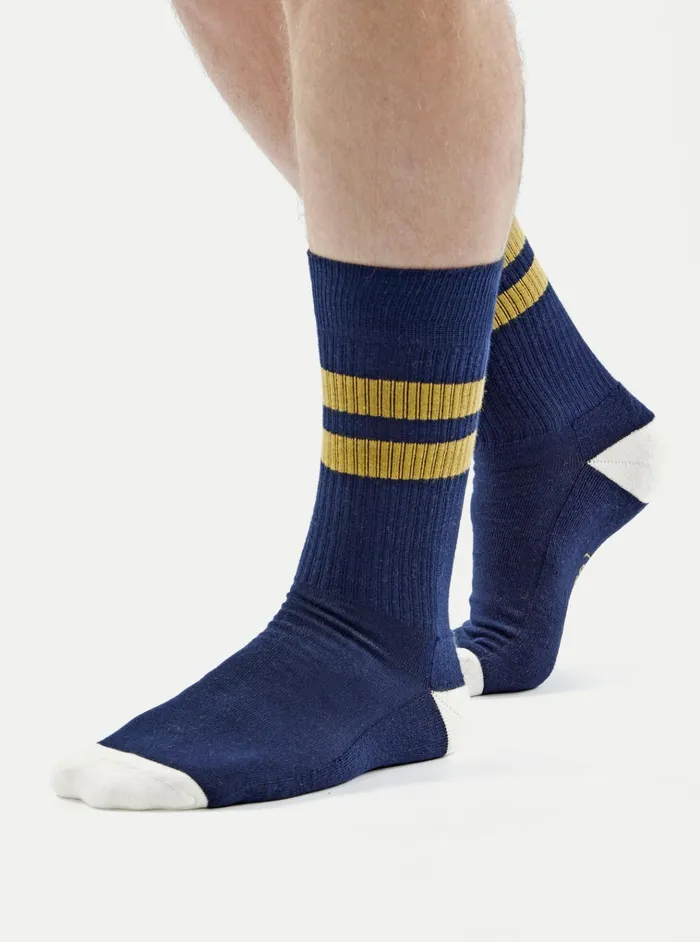 Socks Men Universal Works Universal Works Sport Sock In NavyYellow Cotton Rib Socks Men Universal Works Universal Works Sport Sock In NavyYellow Cotton Rib