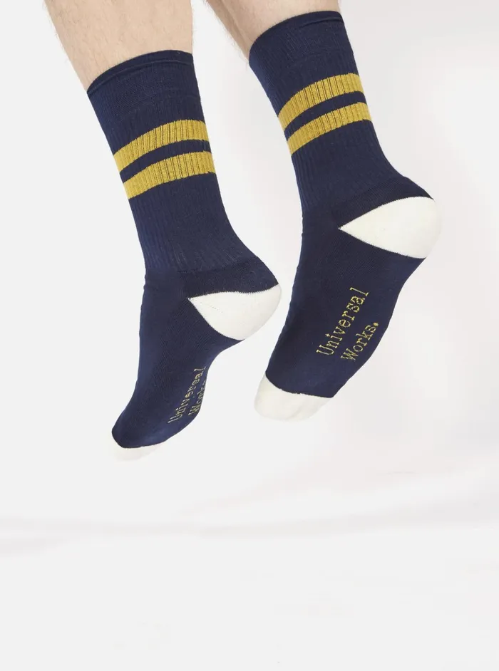 Socks Men Universal Works Universal Works Sport Sock In NavyYellow Cotton Rib Socks Men Universal Works Universal Works Sport Sock In NavyYellow Cotton Rib