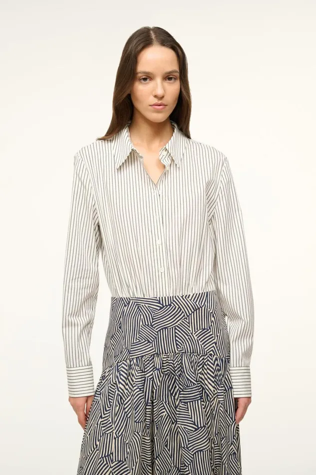 STAUD Dresses Women STAUD ROCCO DRESS IVORY MICRO STRIPE NAVY MOSAIC STAUD Dresses Women STAUD ROCCO DRESS IVORY MICRO STRIPE NAVY MOSAIC