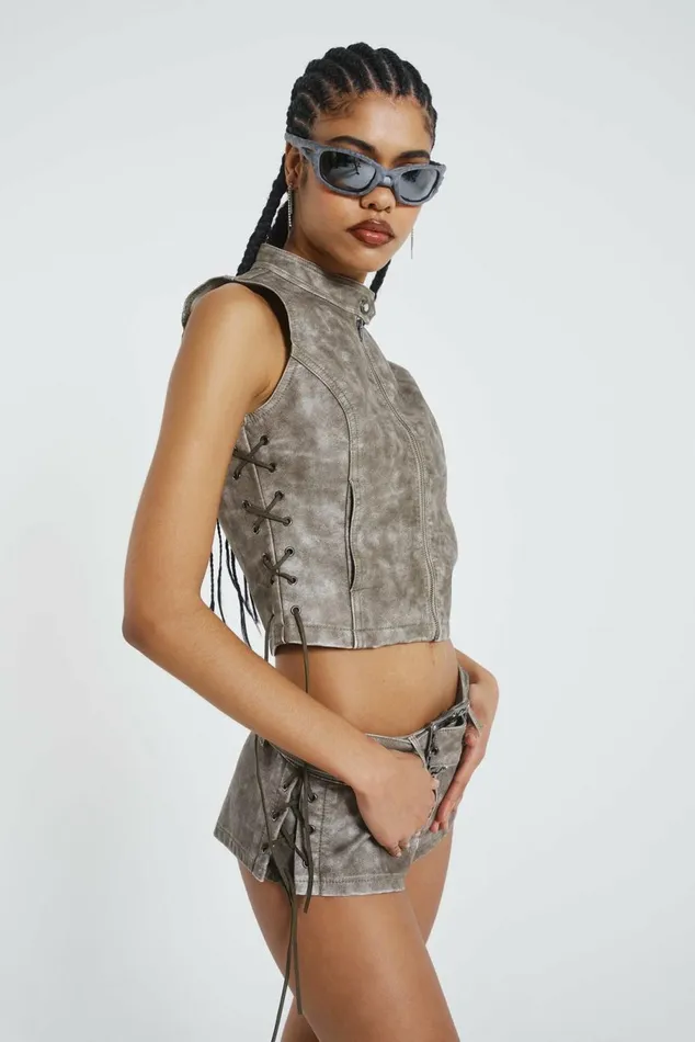 Steel Lace Up Side PU Hot Pants Grey Women Jaded London Shorts and Jorts Steel Lace Up Side PU Hot Pants Grey Women Jaded London Shorts and Jorts