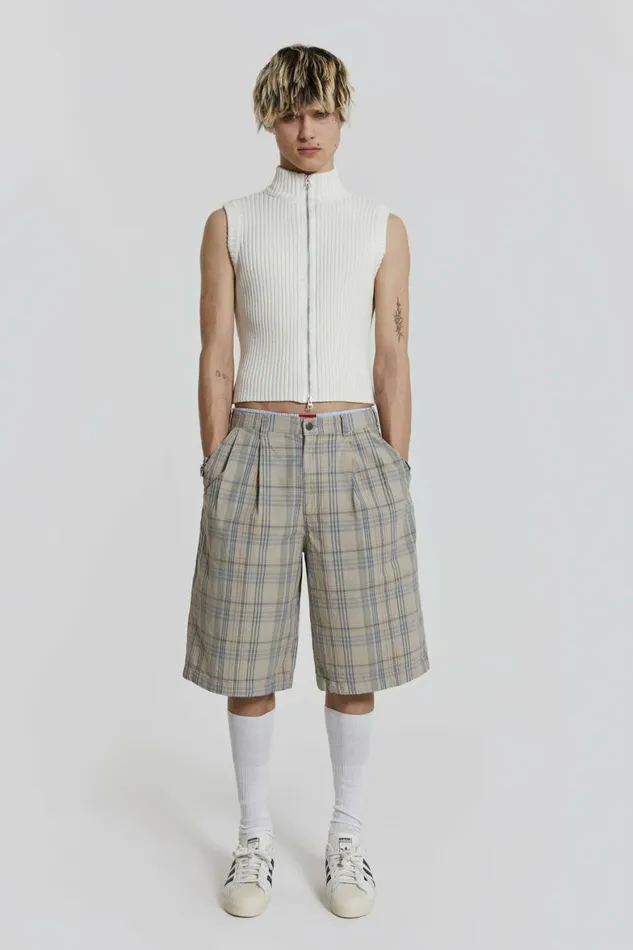 Stone Check Fairway Shorts Beige Men Jaded London Shorts and Jorts