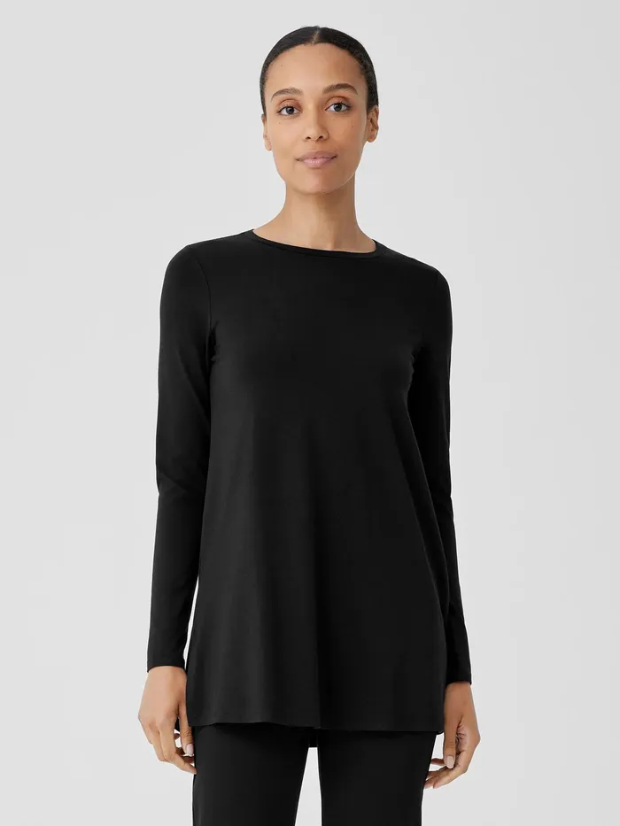 Stretch Jersey Knit Crew Neck Long Top Black Women Eileen Fisher Tops and Tees