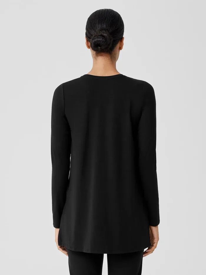 Stretch Jersey Knit Crew Neck Long Top Black Women Eileen Fisher Tops and Tees