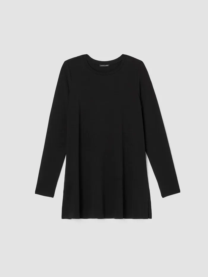 Stretch Jersey Knit Crew Neck Long Top Black Women Eileen Fisher Tops and Tees