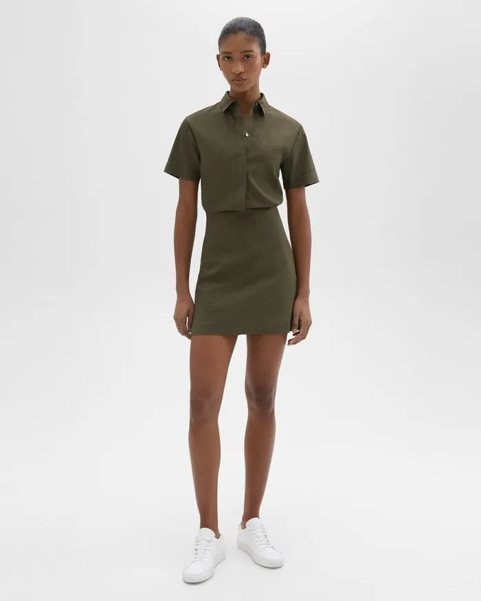 Theory Dresses ShortSleeve ALine Dress In Good Linen Dark Olive 8211 Women