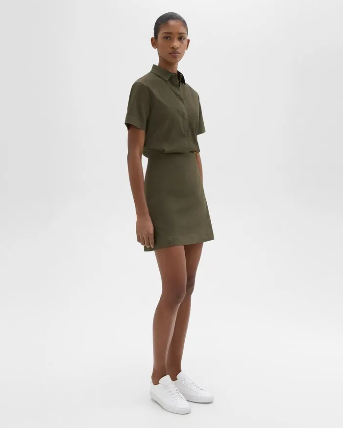 Theory Dresses ShortSleeve ALine Dress In Good Linen Dark Olive 8211 Women