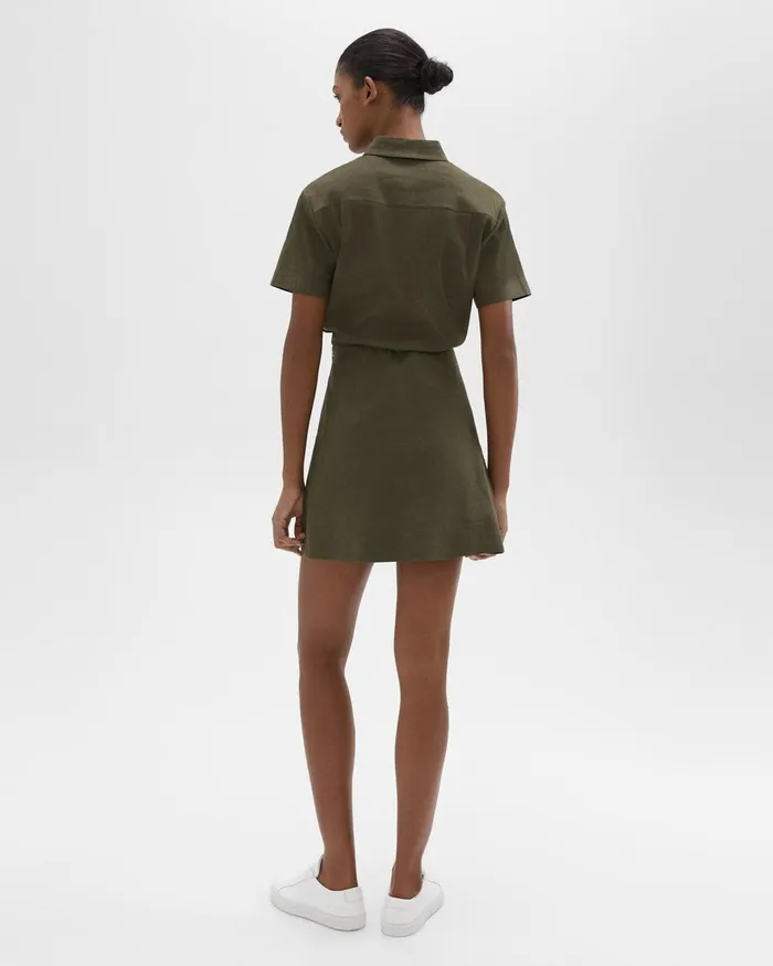 Theory Dresses ShortSleeve ALine Dress In Good Linen Dark Olive 8211 Women