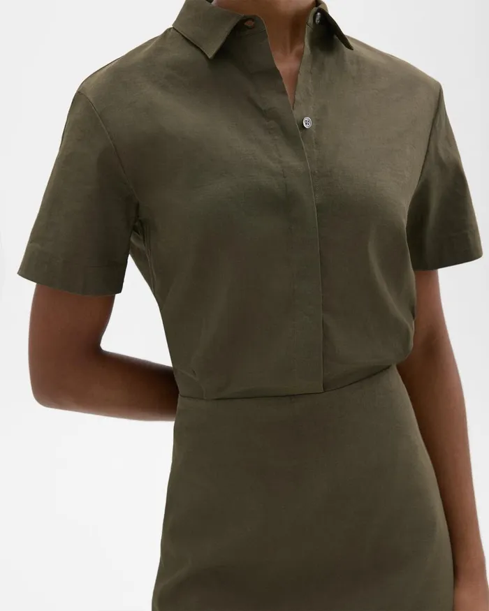 Theory Dresses ShortSleeve ALine Dress In Good Linen Dark Olive 8211 Women