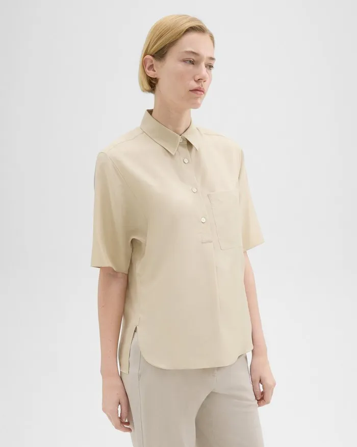 Theory Tops ShortSleeve Silk Popover Shirt Champagne 8211 Women