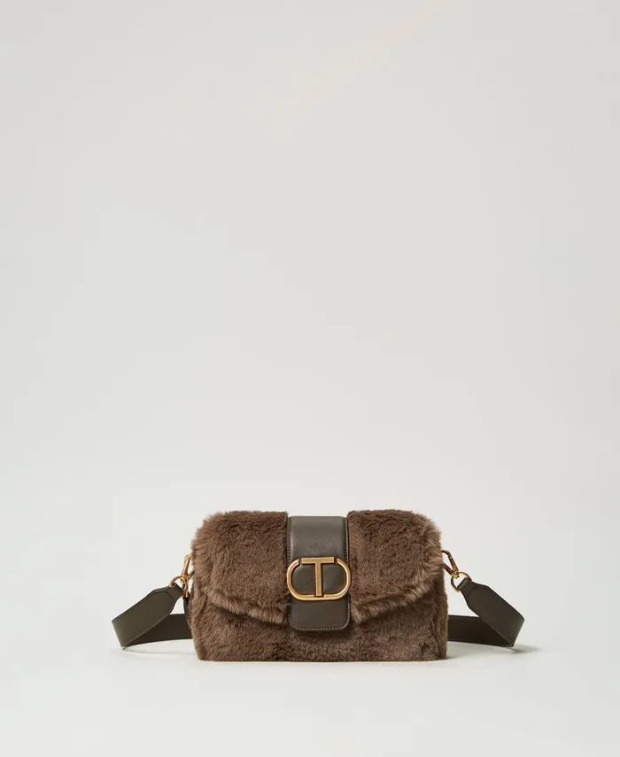 Twinset Amie039 Medium Faux Fur Shoulder Bag Dark Taupe Women Handbags