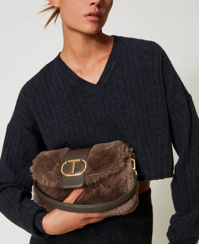 Twinset Amie039 Medium Faux Fur Shoulder Bag Dark Taupe Women Handbags Twinset Amie039 Medium Faux Fur Shoulder Bag Dark Taupe Women Handbags