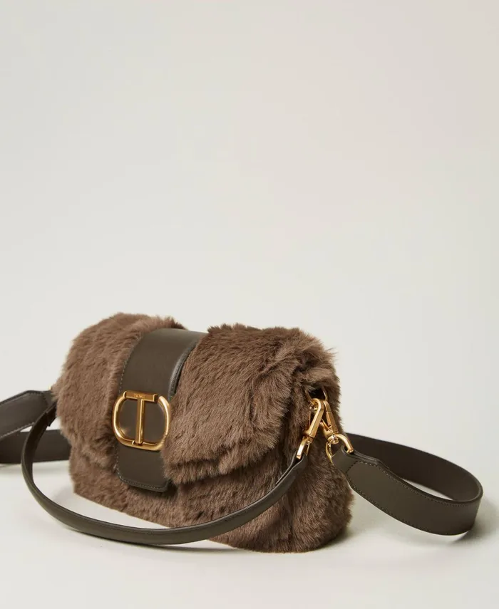 Twinset Amie039 Medium Faux Fur Shoulder Bag Dark Taupe Women Handbags Twinset Amie039 Medium Faux Fur Shoulder Bag Dark Taupe Women Handbags