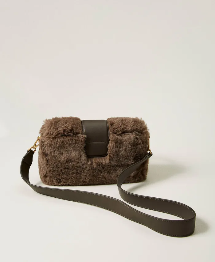 Twinset Amie039 Medium Faux Fur Shoulder Bag Dark Taupe Women Handbags Twinset Amie039 Medium Faux Fur Shoulder Bag Dark Taupe Women Handbags