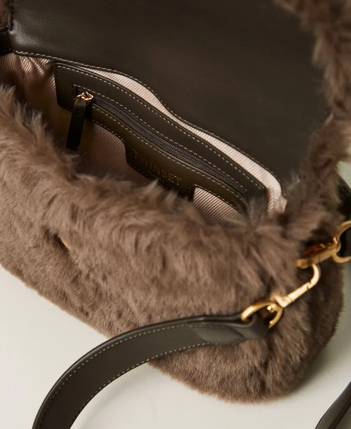 Twinset Amie039 Medium Faux Fur Shoulder Bag Dark Taupe Women Handbags Twinset Amie039 Medium Faux Fur Shoulder Bag Dark Taupe Women Handbags