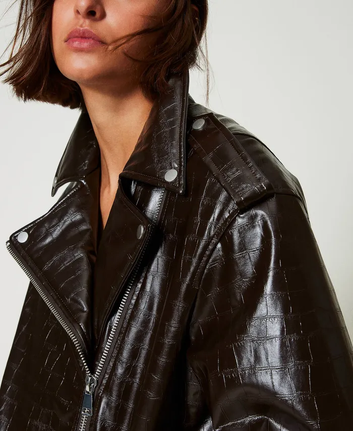 Twinset Animal Print Biker Jacket Mol Brown Women Jackets And Outerwear