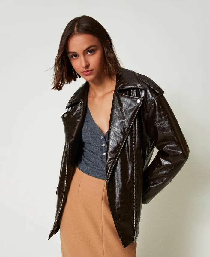 Twinset Animal Print Biker Jacket Mol Brown Women Jackets And Outerwear Twinset Animal Print Biker Jacket Mol Brown Women Jackets And Outerwear