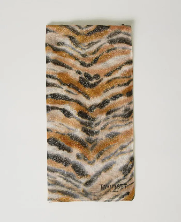 Twinset Animal Print Stole Tenn Orange Black Tiger Print Women Scarves