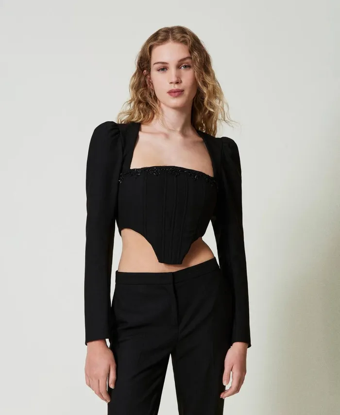 Twinset Bustier Top With Embroidery Black Women TShirts And Tops Twinset Bustier Top With Embroidery Black Women TShirts And Tops