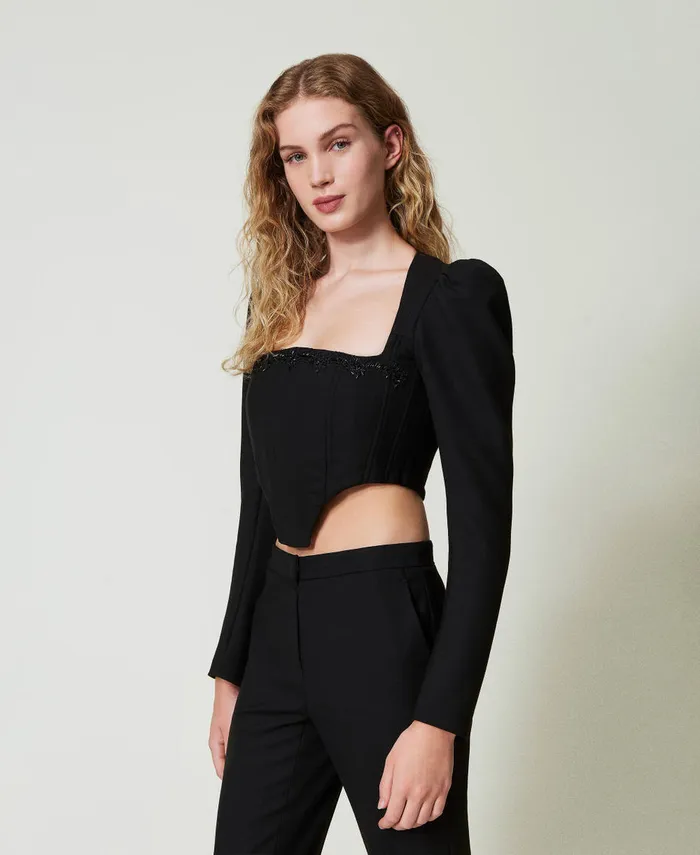 Twinset Bustier Top With Embroidery Black Women TShirts And Tops Twinset Bustier Top With Embroidery Black Women TShirts And Tops