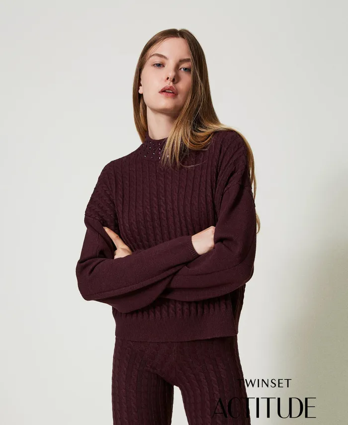 Twinset Cable Knit Turtleneck Jumper With Rhinestones Potent Purple Women Jumpers And Cardigans
