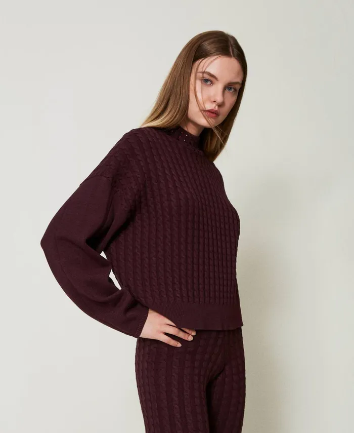Twinset Cable Knit Turtleneck Jumper With Rhinestones Potent Purple Women Jumpers And Cardigans Twinset Cable Knit Turtleneck Jumper With Rhinestones Potent Purple Women Jumpers And Cardigans