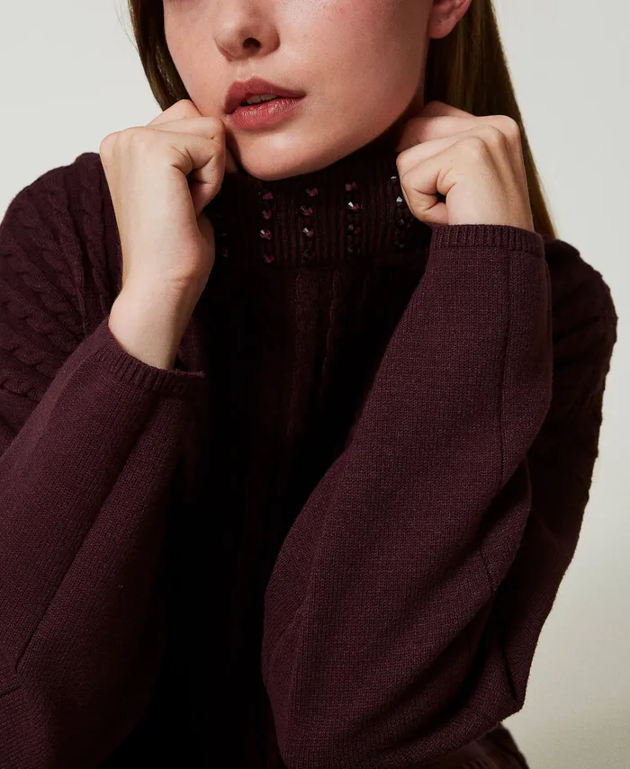 Twinset Cable Knit Turtleneck Jumper With Rhinestones Potent Purple Women Jumpers And Cardigans Twinset Cable Knit Turtleneck Jumper With Rhinestones Potent Purple Women Jumpers And Cardigans