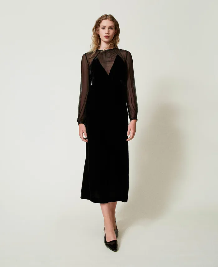 Twinset Chiffon And Velvet Midi Dress Black Women Dresses