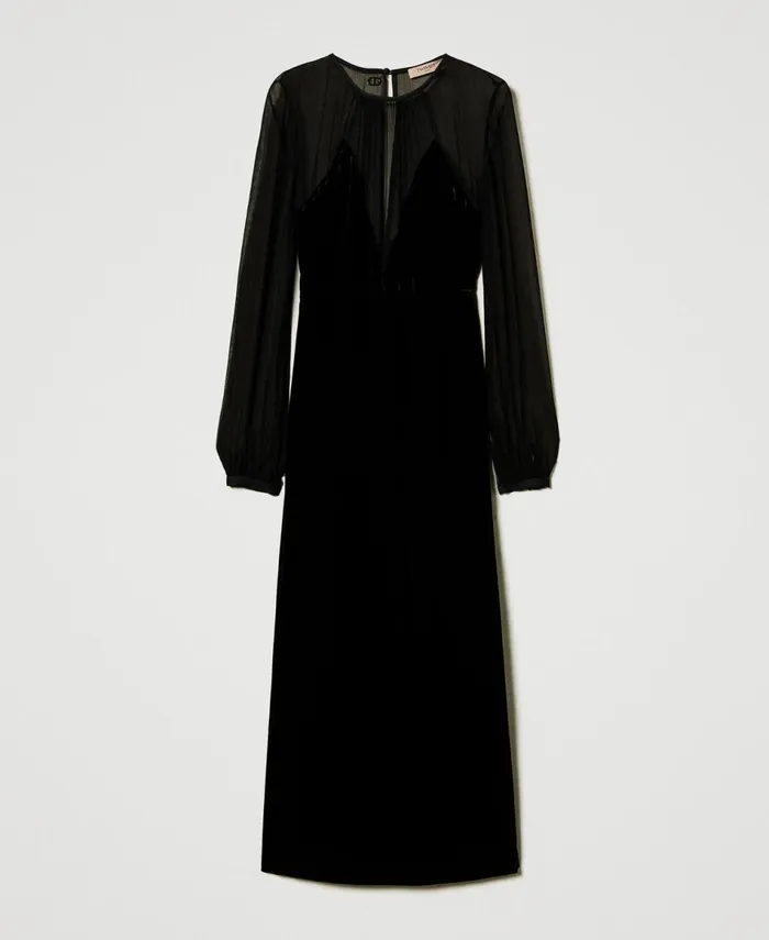 Twinset Chiffon And Velvet Midi Dress Black Women Dresses Twinset Chiffon And Velvet Midi Dress Black Women Dresses