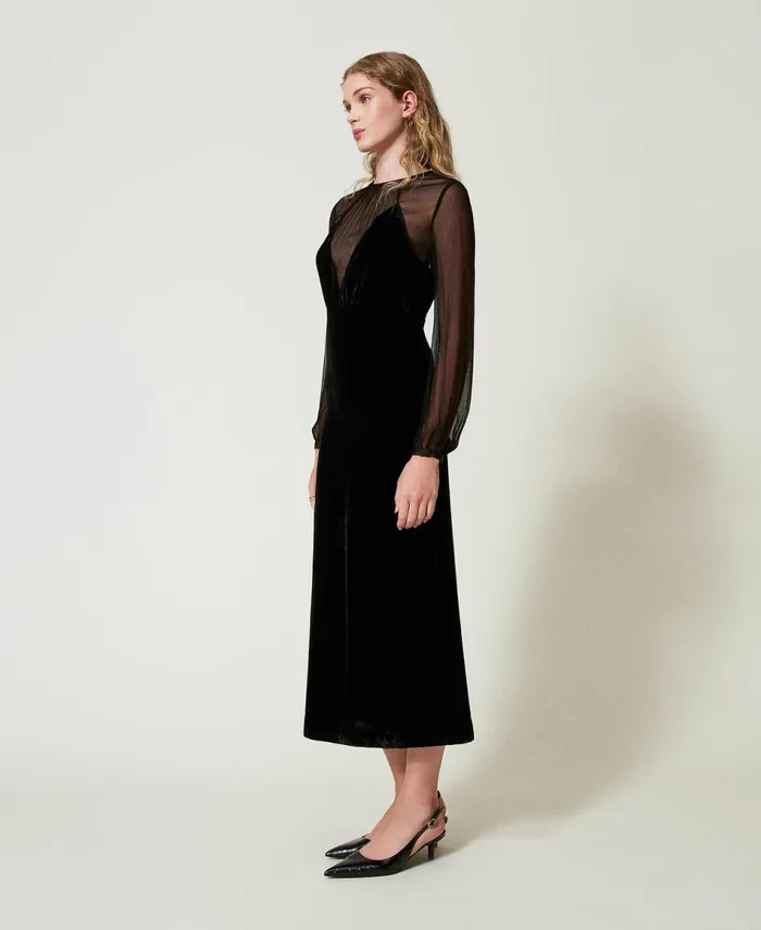 Twinset Chiffon And Velvet Midi Dress Black Women Dresses Twinset Chiffon And Velvet Midi Dress Black Women Dresses