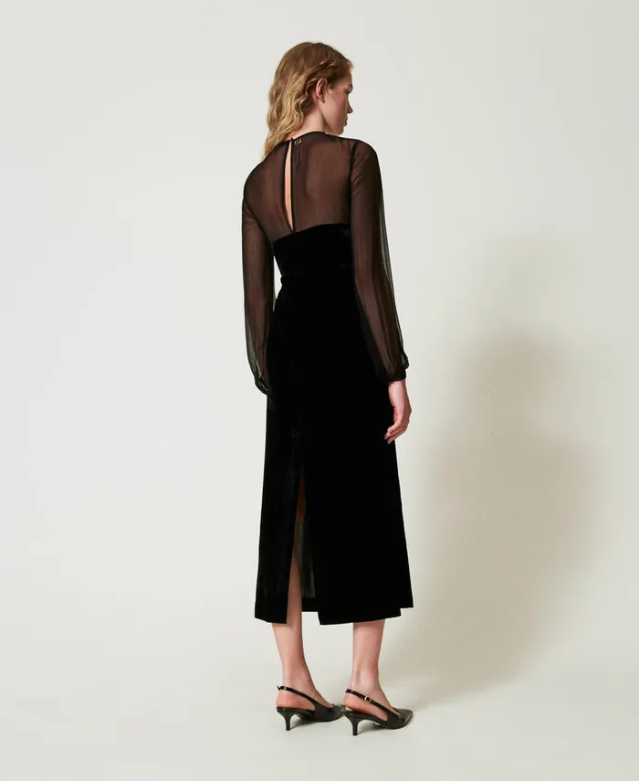 Twinset Chiffon And Velvet Midi Dress Black Women Dresses Twinset Chiffon And Velvet Midi Dress Black Women Dresses