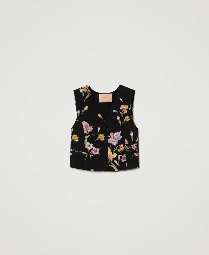Twinset Crpe De Chine Floral Waistcoat Multicolourblack Iris Print Women Jackets And Outerwear Twinset Crpe De Chine Floral Waistcoat Multicolourblack Iris Print Women Jackets And Outerwear