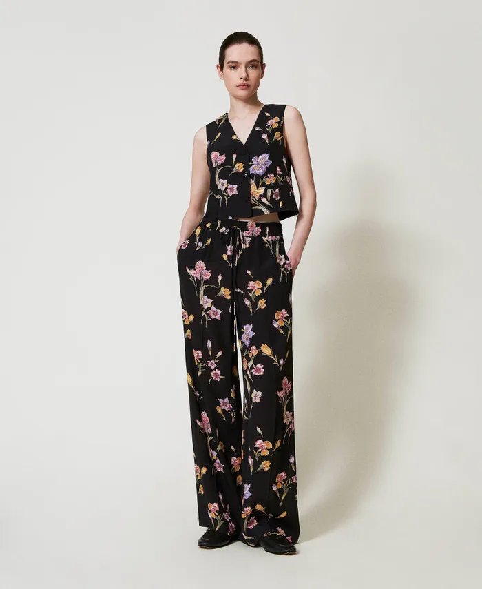 Twinset Crpe De Chine Floral Waistcoat Multicolourblack Iris Print Women Jackets And Outerwear Twinset Crpe De Chine Floral Waistcoat Multicolourblack Iris Print Women Jackets And Outerwear