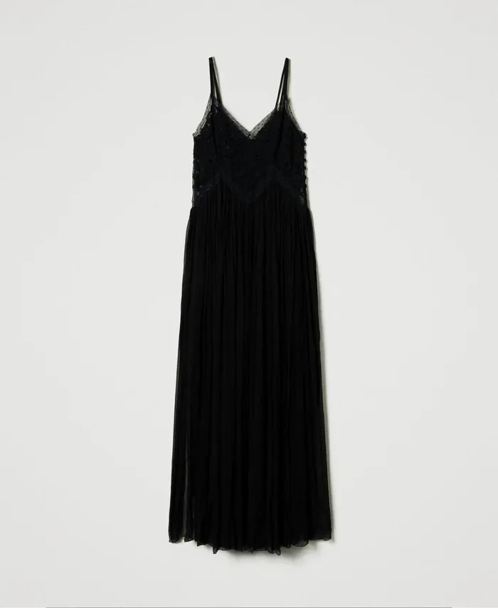 Twinset Creponne And Tulle Long Dress Black Women Dresses Twinset Creponne And Tulle Long Dress Black Women Dresses