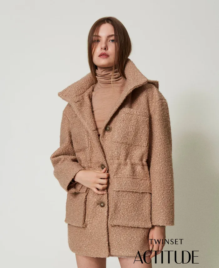 Twinset Curly Wool Cloth Parka Coat Beaver Brown Women Jackets And Outerwear