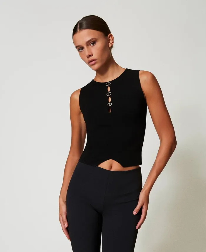 Twinset DualUse Knit Top With Oval T Black Women TShirts And Tops Twinset DualUse Knit Top With Oval T Black Women TShirts And Tops