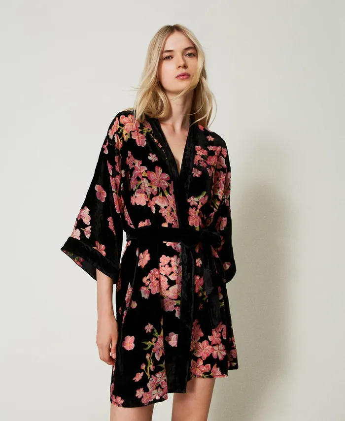 Twinset Floral Dvor Velvet Dressing Gown Multicolour Blooming Women Underwear And Nightwear
