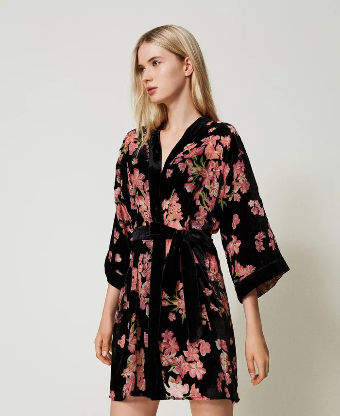 Twinset Floral Dvor Velvet Dressing Gown Multicolour Blooming Women Underwear And Nightwear Twinset Floral Dvor Velvet Dressing Gown Multicolour Blooming Women Underwear And Nightwear