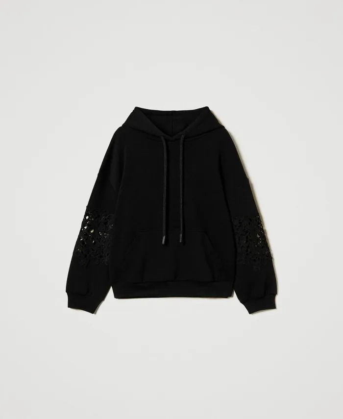 Twinset Hoodie With Macram Black Women Sweatshirts Twinset Hoodie With Macram Black Women Sweatshirts
