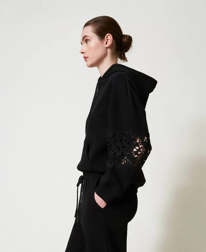 Twinset Hoodie With Macram Black Women Sweatshirts Twinset Hoodie With Macram Black Women Sweatshirts