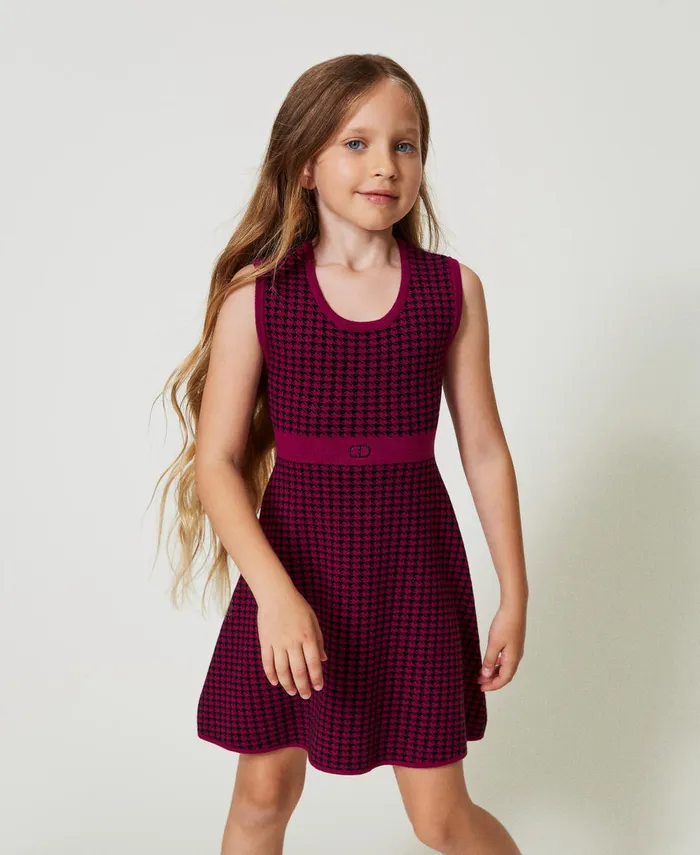 Twinset Jacquard Knit Short Dress With Houndstooth Pattern Twotone Magenta Purple Black Girl Dresses