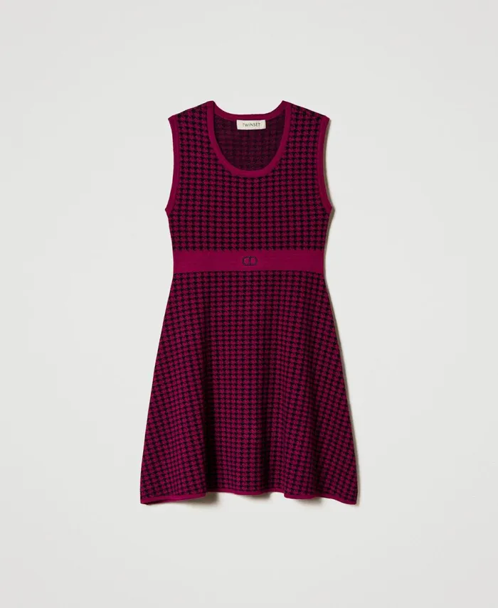 Twinset Jacquard Knit Short Dress With Houndstooth Pattern Twotone Magenta Purple Black Girl Dresses Twinset Jacquard Knit Short Dress With Houndstooth Pattern Twotone Magenta Purple Black Girl Dresses